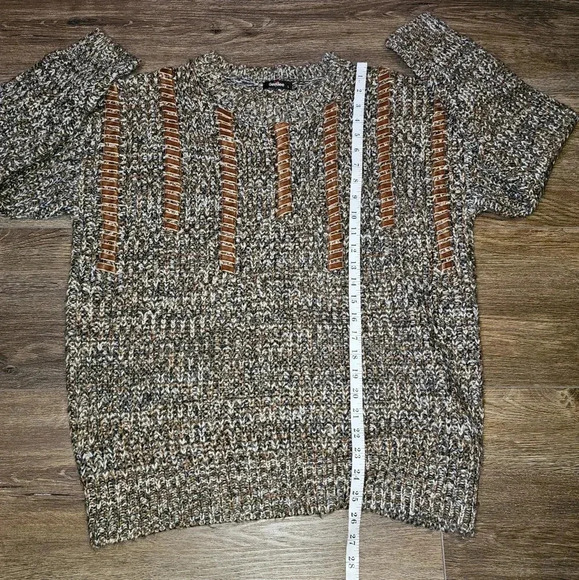 VTG GeeGee Cable Knit Sweater Sz Lg Suede Textured Design Inserts Brown,Black - Picture 12 of 12